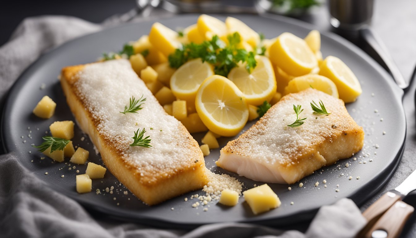 A cod fillet is being coated in cornmeal before frying