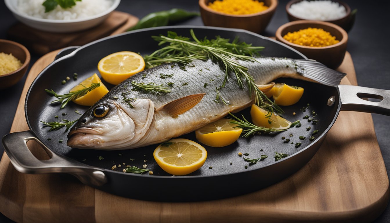 A whole fish is being seasoned with herbs and spices, then placed in a hot skillet with oil. The fish sizzles as it cooks on each side until golden brown
