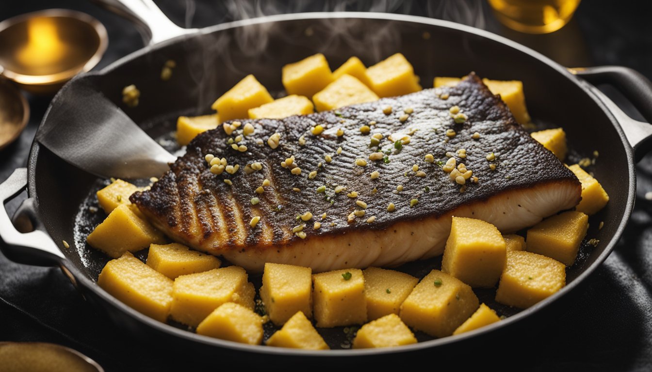 Cod fish sizzling in a hot pan, coated with golden cornmeal. A spatula flips the fish, then places it on a plate