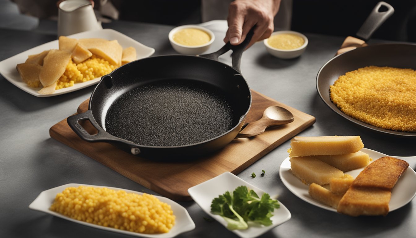 A skillet sizzles as cod fish is coated in cornmeal and fried to a golden crisp. A stack of plates and utensils sit nearby, ready for serving