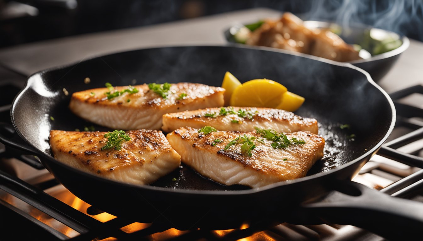A fish fillet sizzles in a hot skillet, turning golden brown without the use of flour. The aroma of frying fish fills the air
