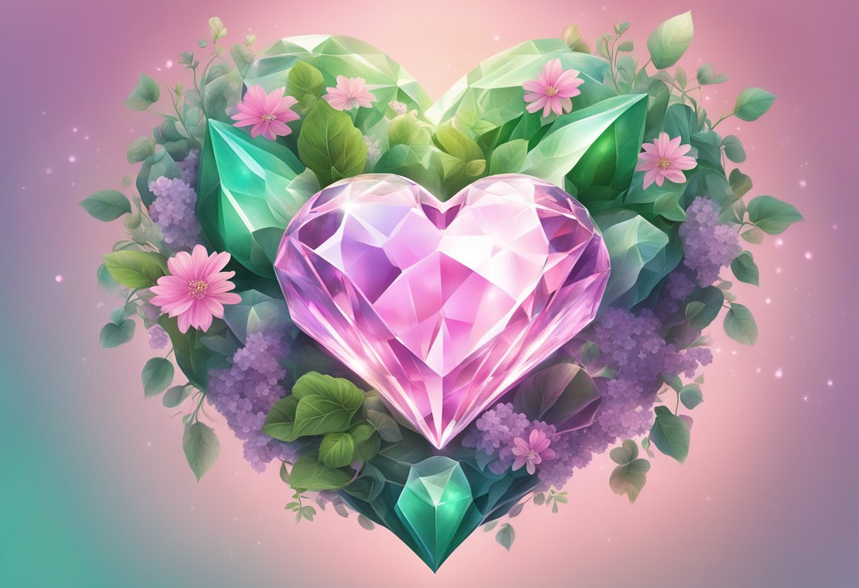 Cristais em forma de coração rodeado por cristais menores, irradiando luz rosa e verde, com trepadeiras e flores entrelaçadas ao seu redor