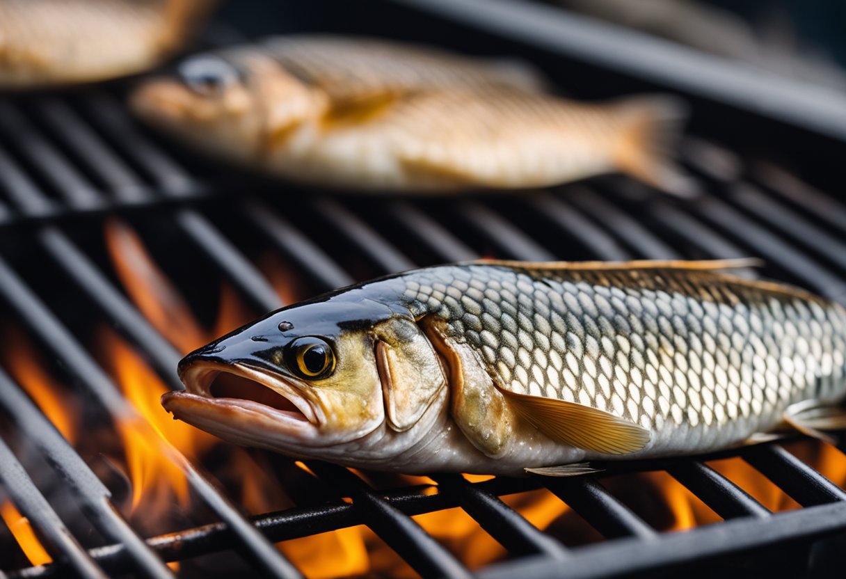 Saba fish sizzling on a hot grill, with grill marks forming on the skin. Smoke rising from the fish as it cooks, with a hint of charred aroma in the air