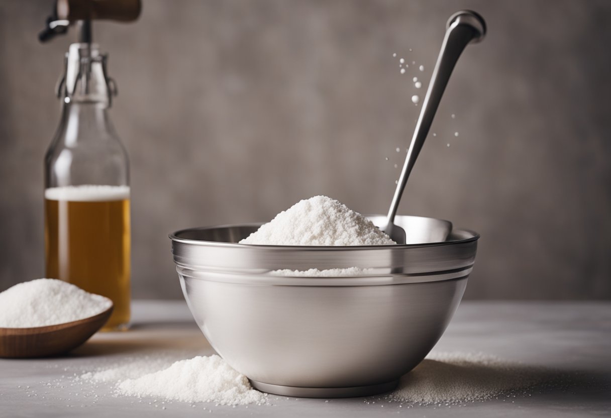 A mixing bowl filled with flour, salt, and pepper. A whisk stirs in beer and egg until smooth