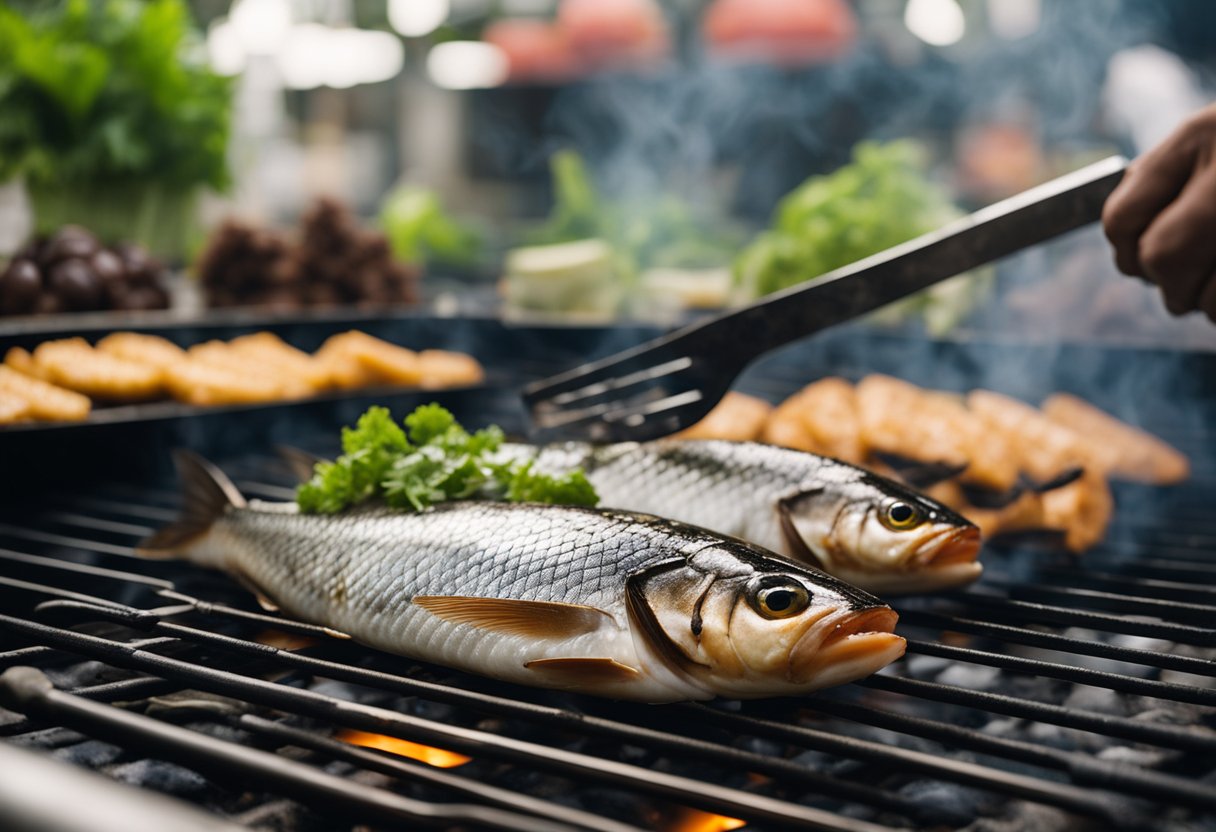 Saba fish sizzling on a hot grill, with grill marks forming on the surface. Smoke rising from the fish as it cooks, with a pair of tongs nearby for flipping
