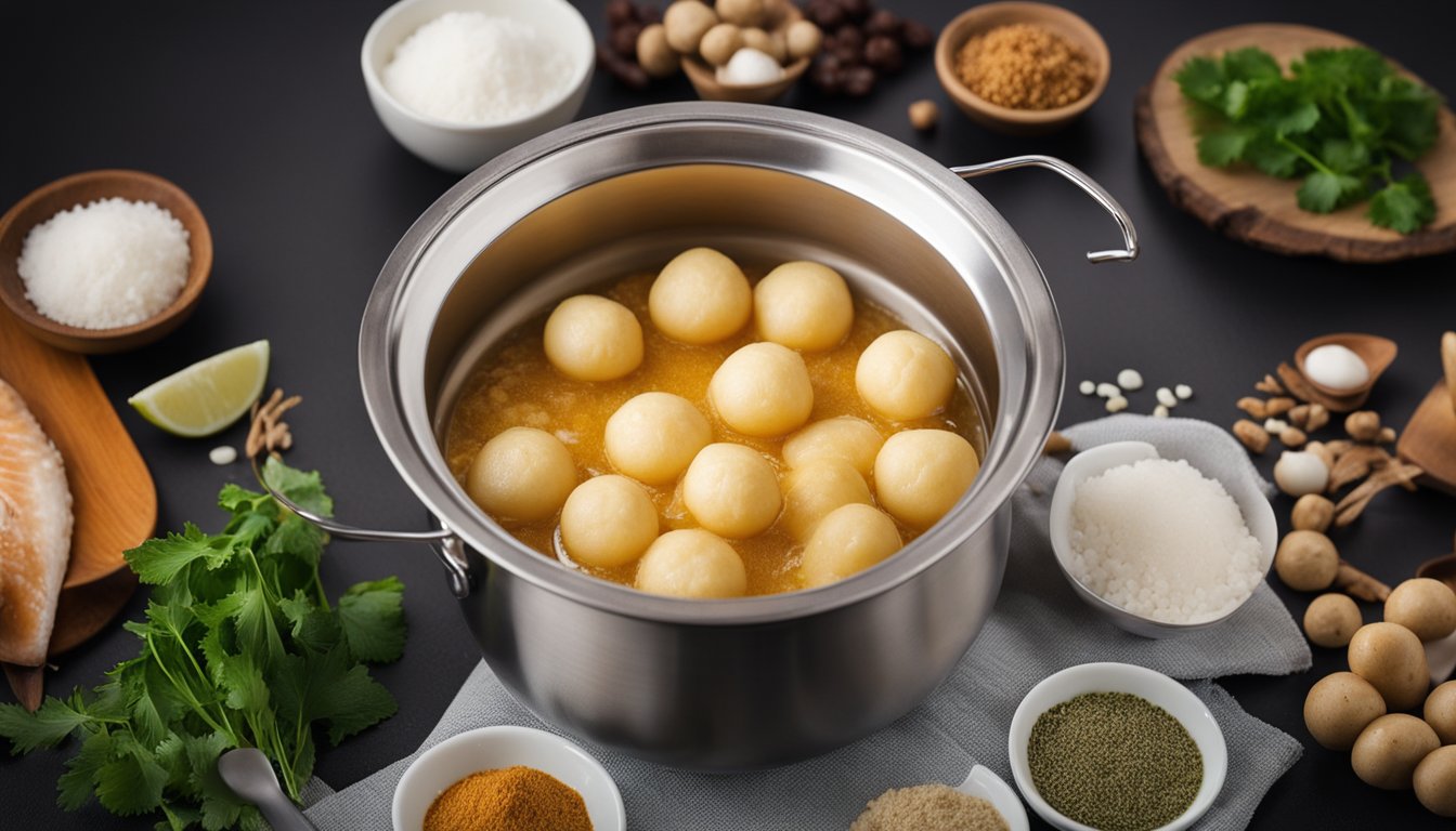 A pot of boiling water with fish ball ingredients being mixed in a bowl. Ingredients include fish, flour, and seasonings