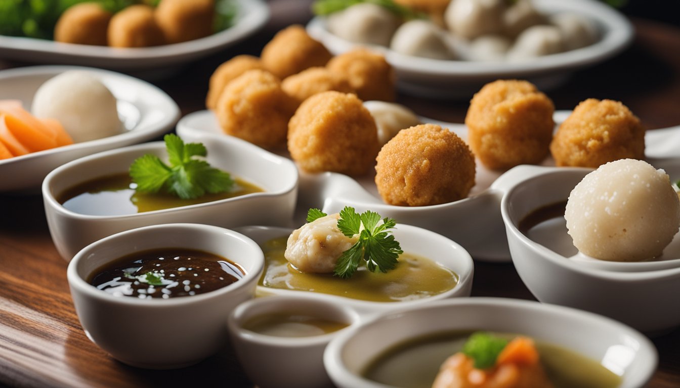 A table set with various small dishes filled with savoury dipping sauces, alongside a plate of fish balls, ready to be enjoyed Filipino style