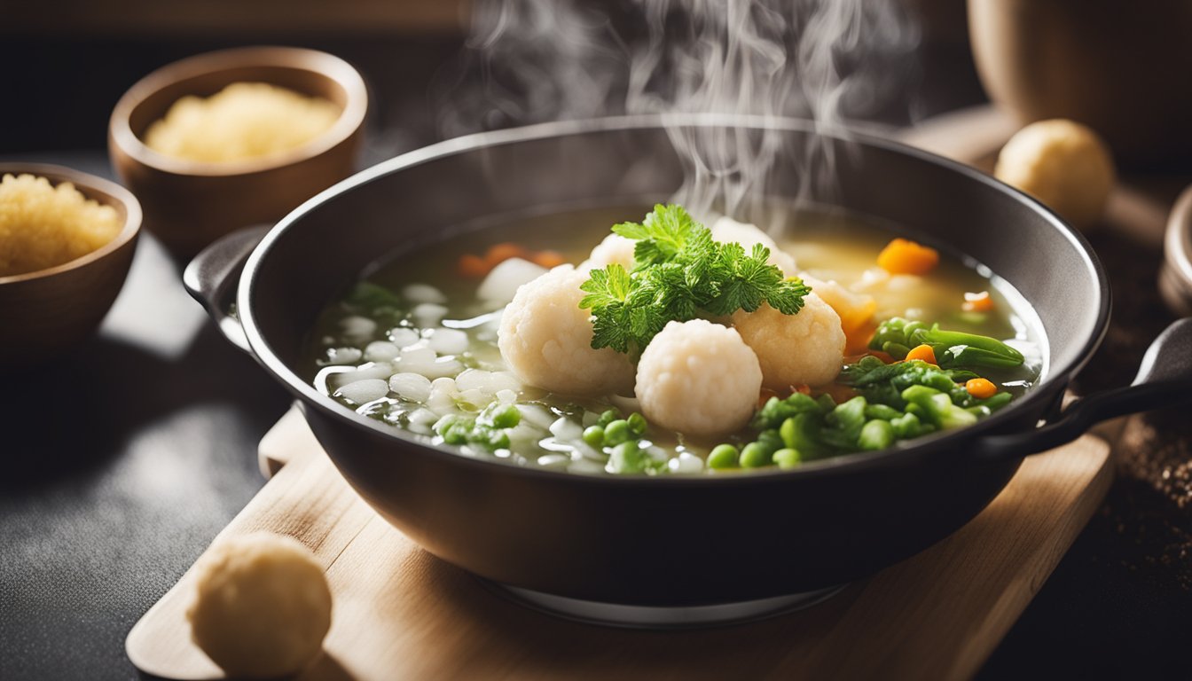 A pot of boiling water with fish ball ingredients being mixed in