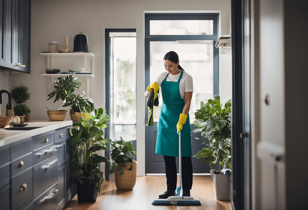 A professional cleaning crew efficiently tidies a home, leaving it spotless and organized