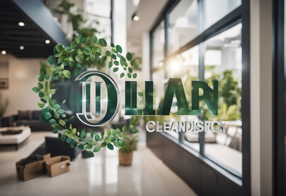 A professional cleaning company's logo on a sparkling clean house, with happy residents inside