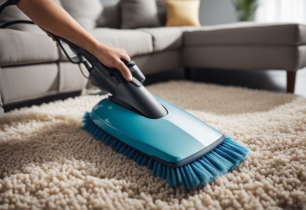 A person gently brushes a vacuum over a plush sofa, while another carefully sprays a fabric cleaner on a stained area of a rug