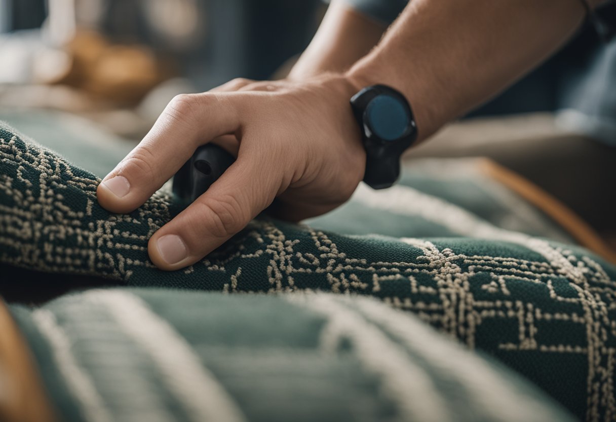 A person carefully repairing and restoring upholstered furniture and rugs at home