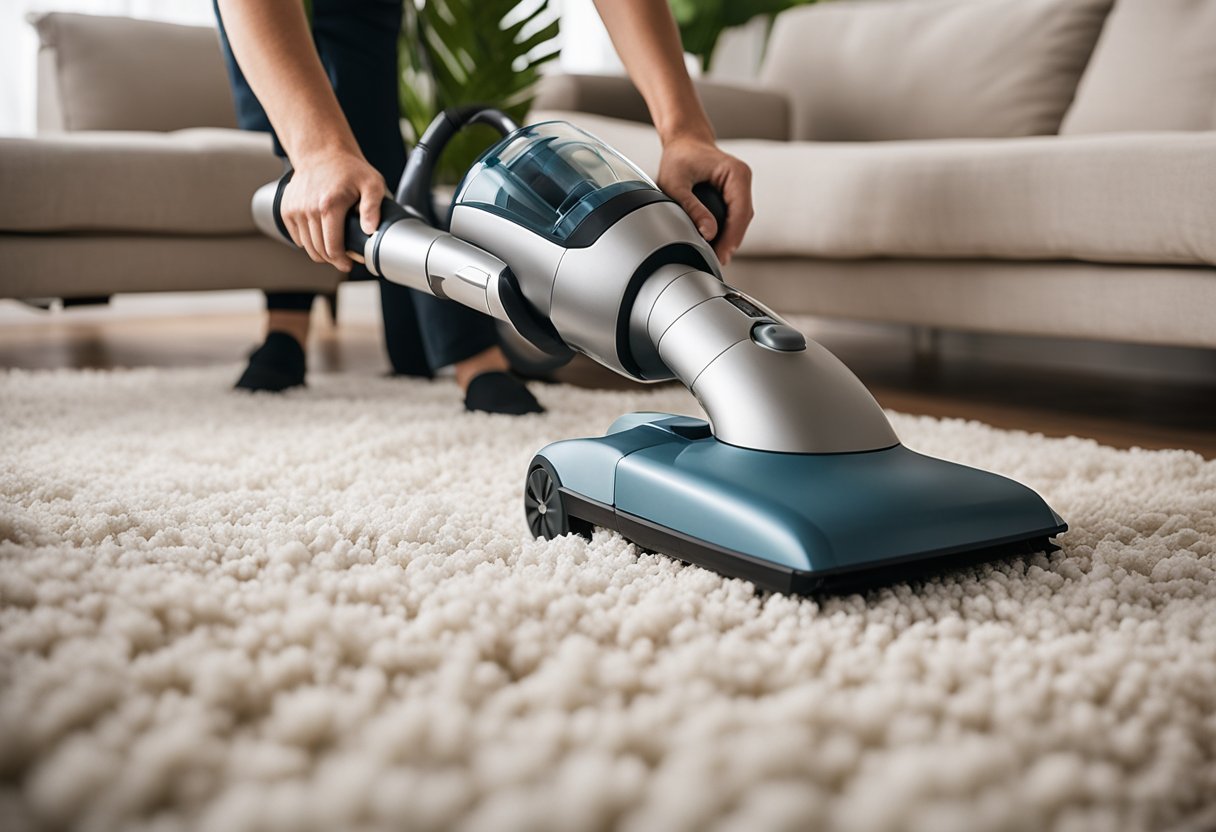 A professional cleaning scene: A person using a vacuum cleaner on a upholstered furniture and carpet in a well-lit living room with plants and decorative items