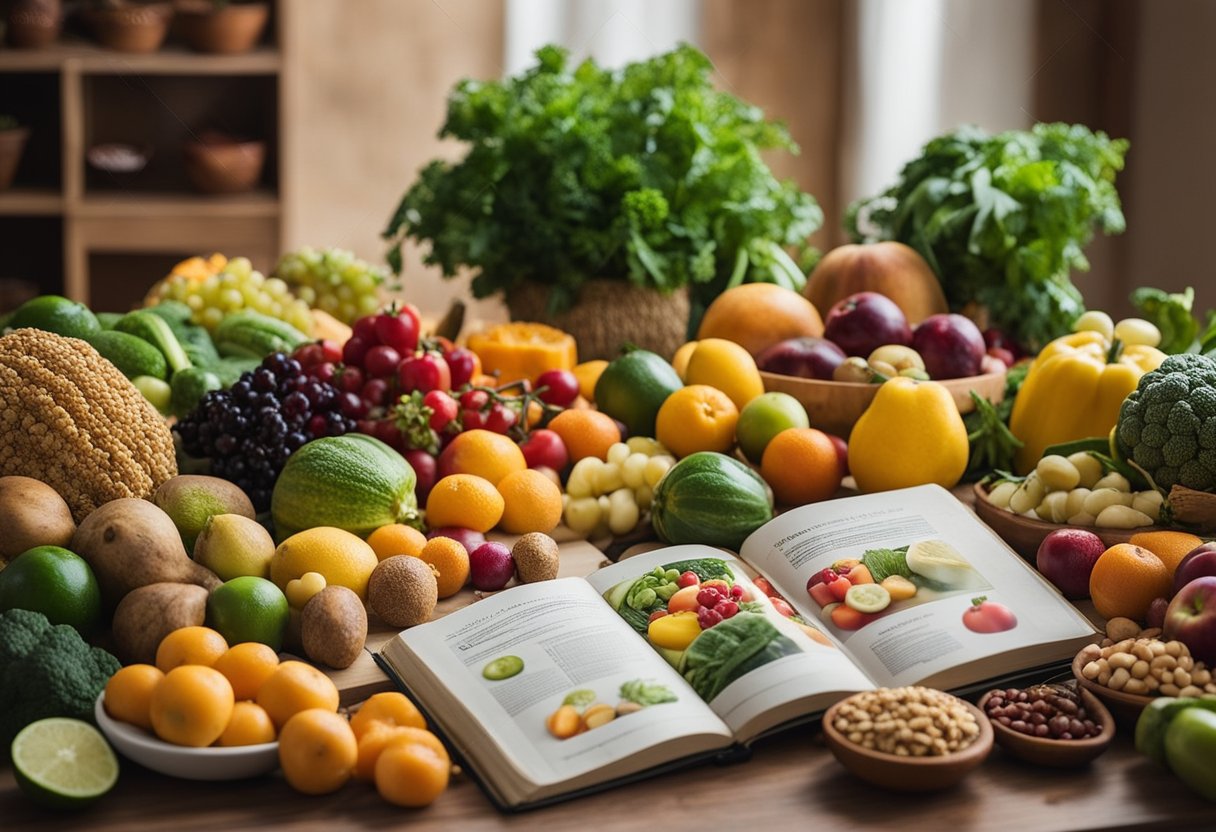 A table set with a variety of colorful fruits, vegetables, grains, and legumes, with a cookbook open to a page titled "Princípios de uma Alimentação Econômica e Nutritiva Ideias de refeições