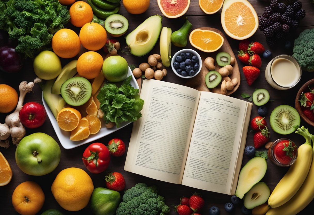 A table set with a variety of colorful, fresh fruits and vegetables, whole grains, and lean proteins, with a cookbook open to a page titled "Low-Cost, High-Nutrition Recipes."