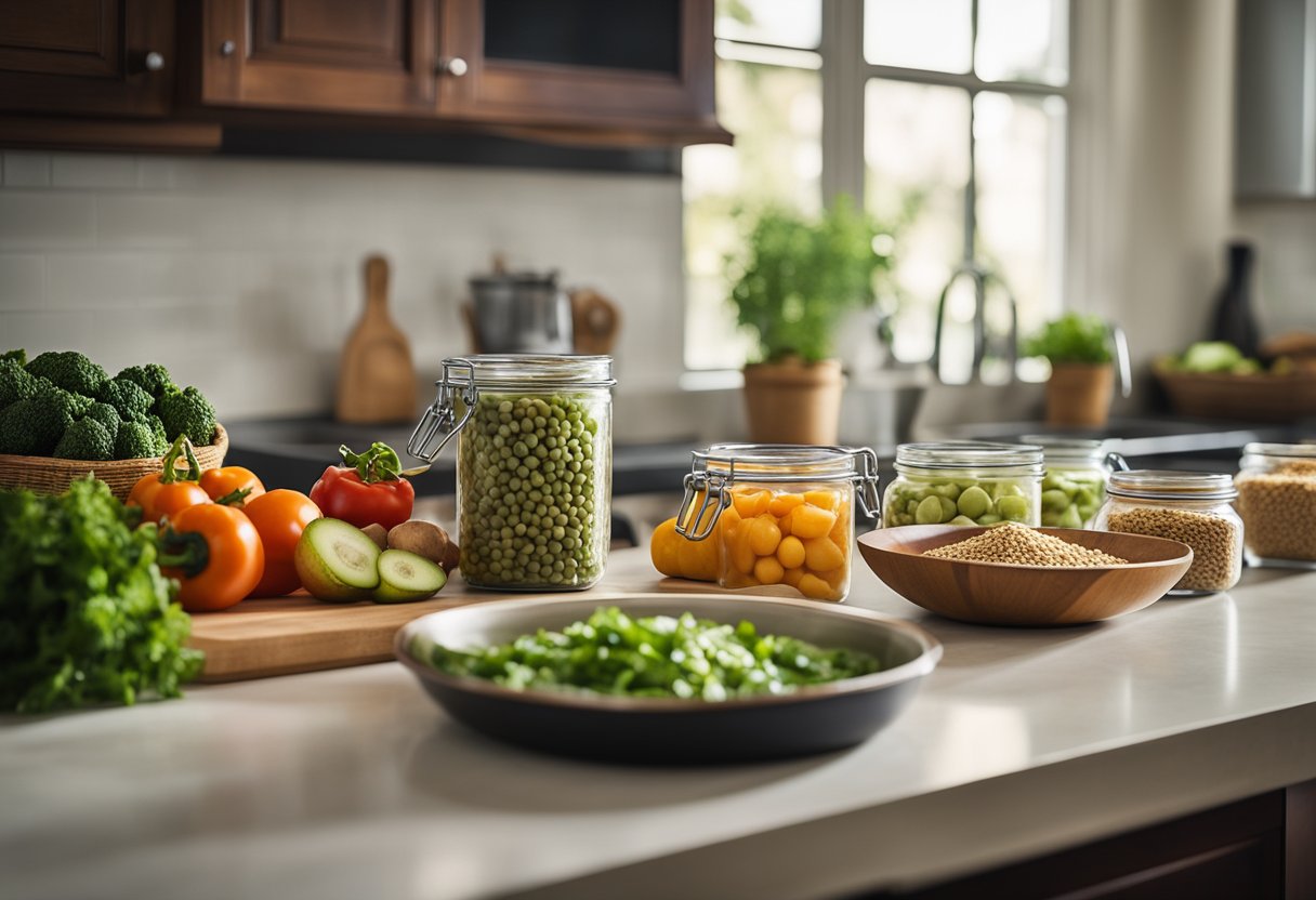 A kitchen counter with fresh vegetables, grains, and canned goods. A cookbook open to a page on budget-friendly and nutritious meal ideas