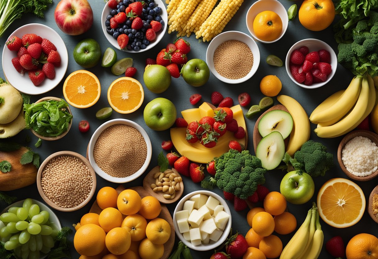 A colorful array of fresh fruits, vegetables, and grains spread out on a table, with a variety of healthy and affordable meal options displayed nearby