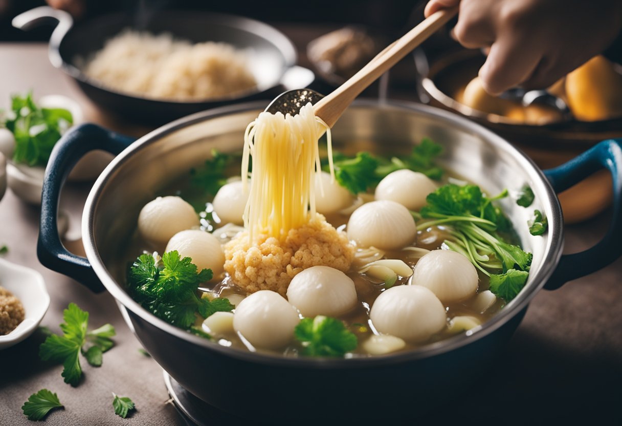 A pot of boiling water with fish ball ingredients being mixed in. Onions, garlic, and fish paste are being stirred together