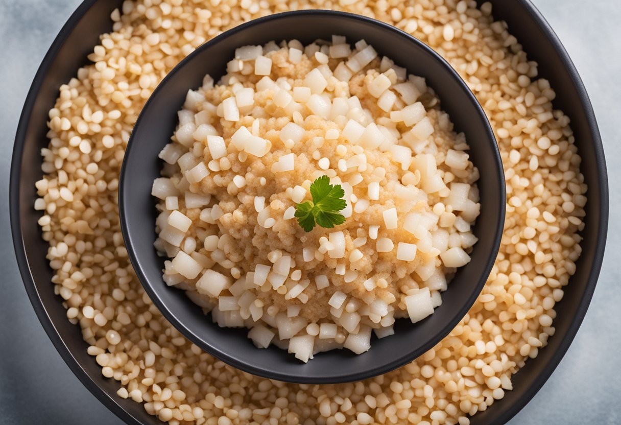 A bowl of ground fish, minced garlic, onion, and seasonings being mixed together into a smooth and sticky mixture