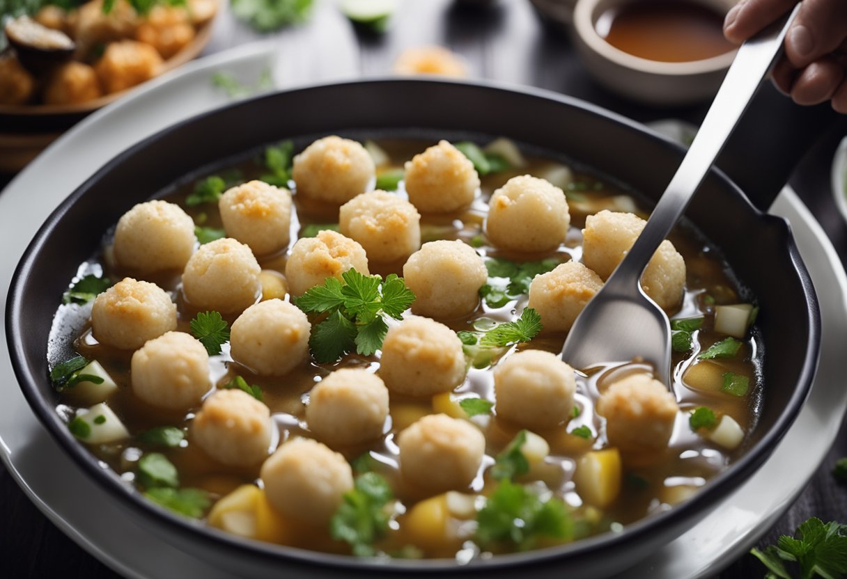 A pot of boiling water with fish ball ingredients added. A hand scoops out the cooked fish balls and places them on a serving plate