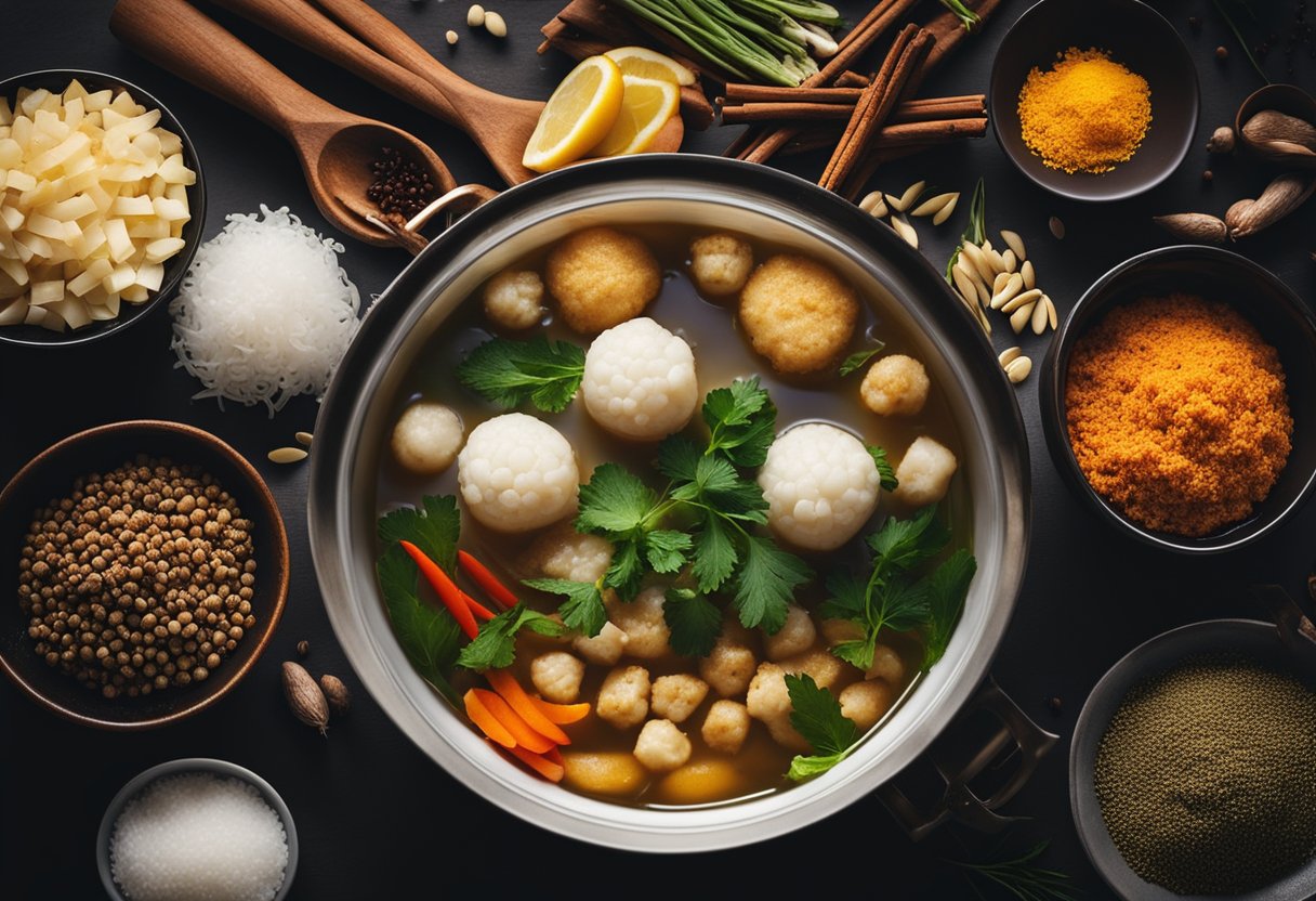 A pot of boiling water with fish ball ingredients being mixed in, surrounded by Filipino spices and condiments