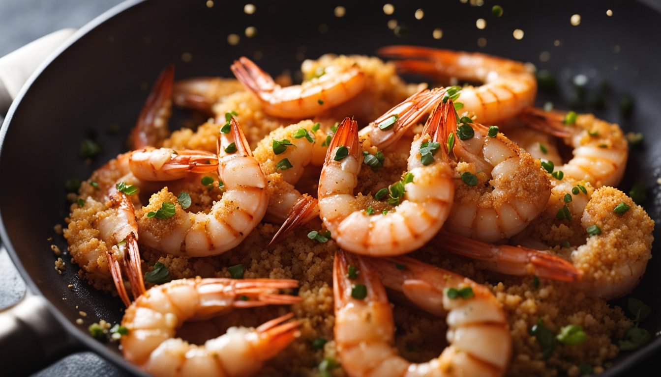 Prawns sizzle in hot oil, turning golden and crispy. Breadcrumbs coat the seafood, adding a satisfying crunch