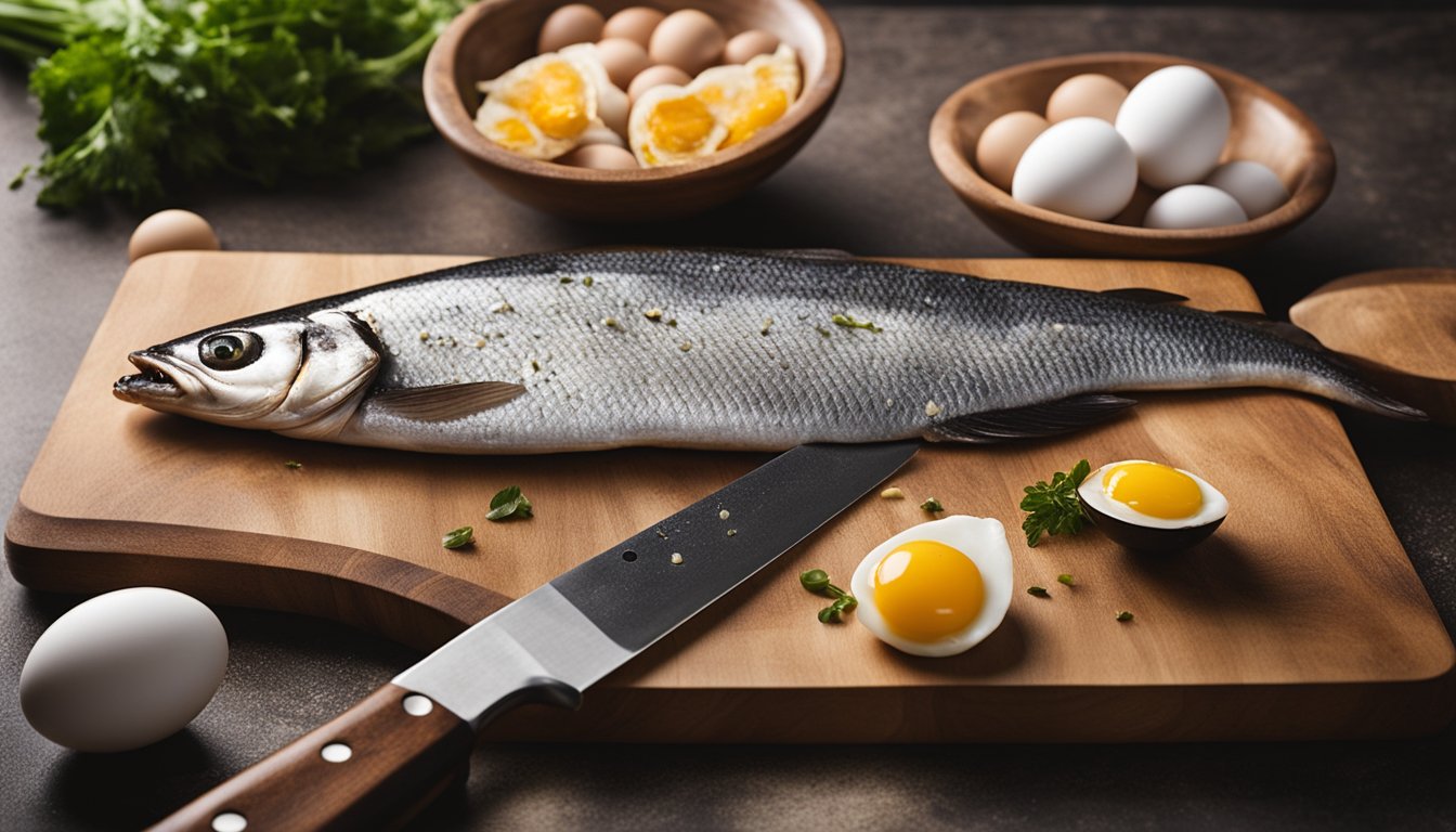 Fish skin and eggs laid out on a clean countertop. A knife and cutting board are ready for preparation