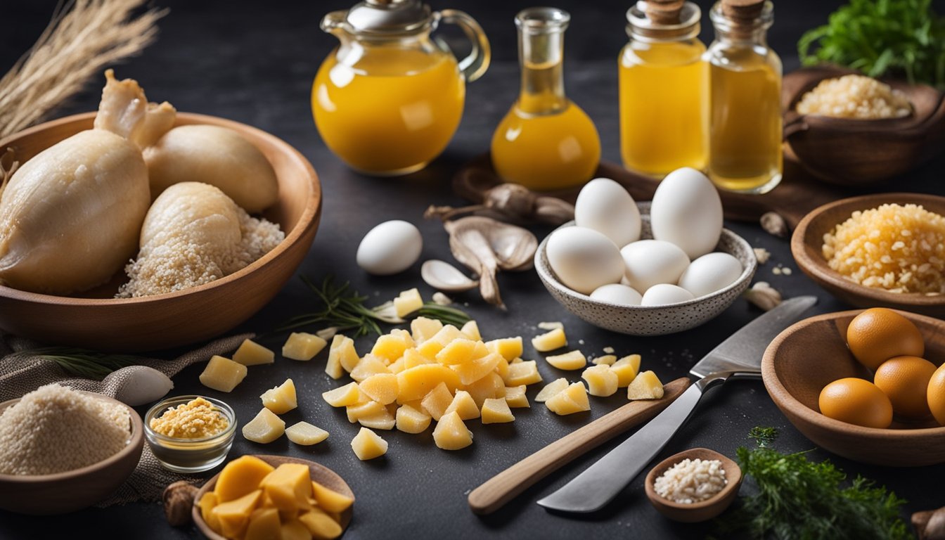 A kitchen counter with ingredients and utensils for making salted egg fish skin. Ingredients include fish skin, salted eggs, and cooking oil