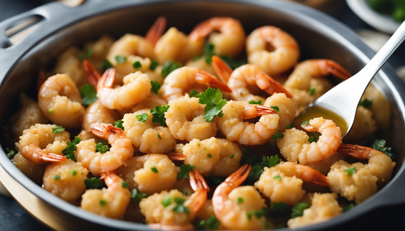 Prawns being coated in batter, then dipped into hot oil until golden and crispy