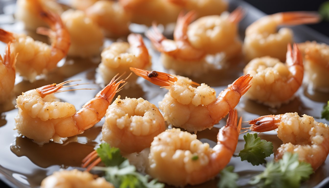 A prawn being coated in a crispy batter, sizzling in hot oil