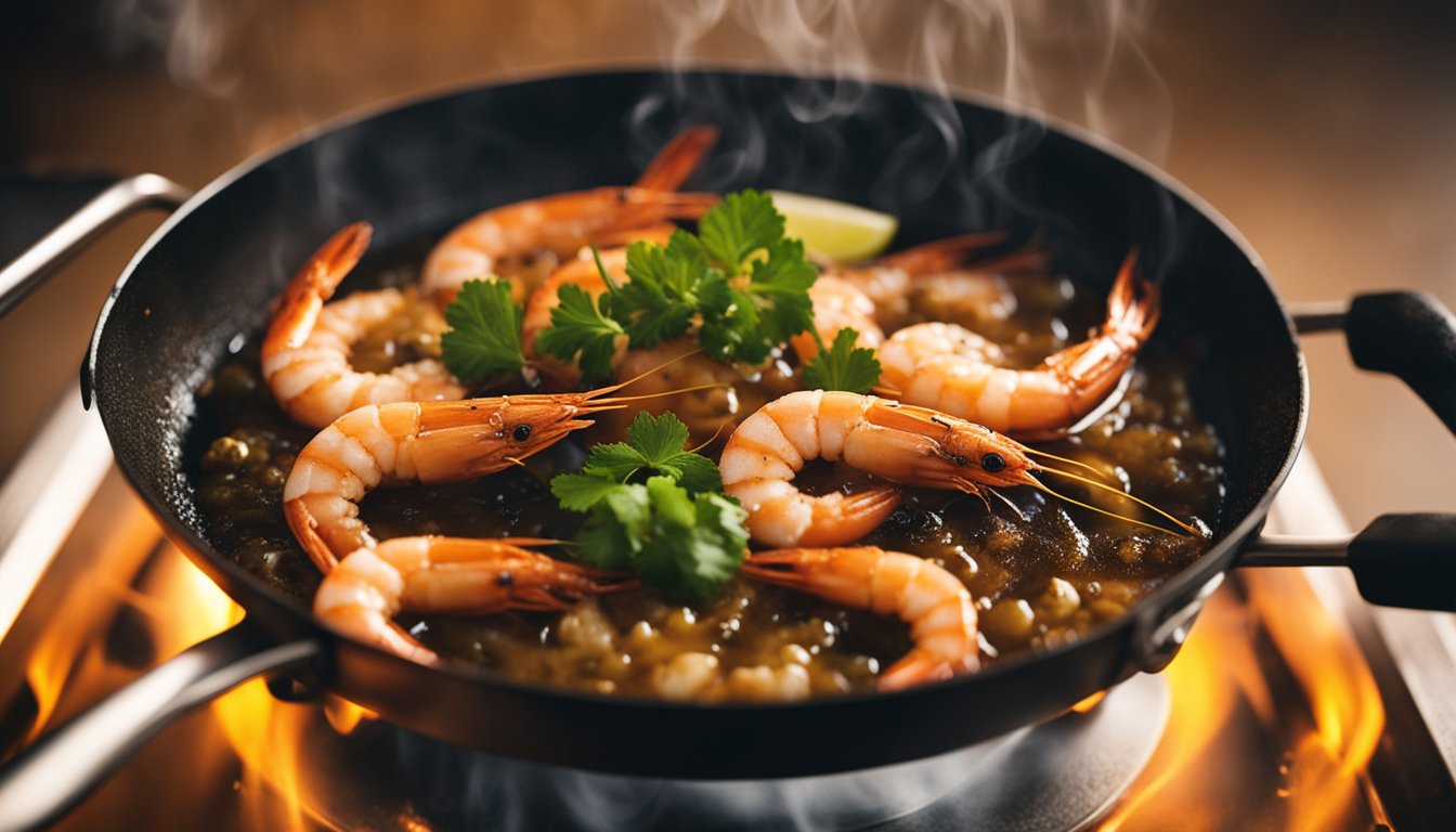 Fresh prawns sizzling in hot oil, turning golden brown and crispy. Steam rising as they cook to perfection