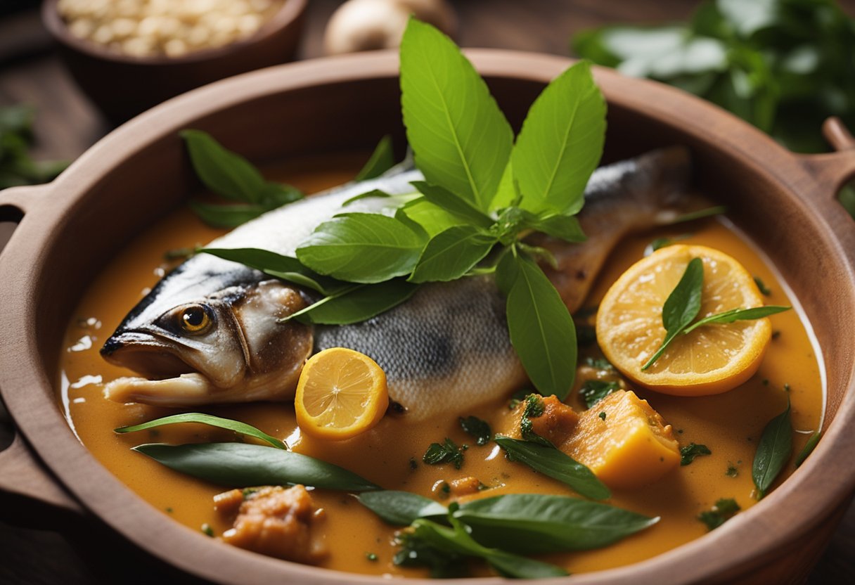 Fresh fish, coconut milk, curry leaves, and aromatic spices simmering in a clay pot over a wood fire, releasing a tantalizing aroma