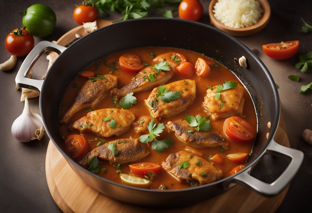 A pot simmers on a stove with tomatoes, onions, and spices. A whole fish is added, then simmered until tender in a rich, fragrant curry sauce