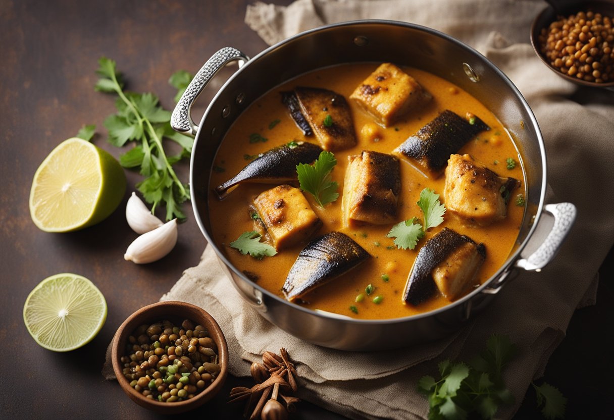A pot simmers with fragrant spices and tender fish, as the cook adds coconut milk and tamarind to create a rich, flavorful South Indian fish curry