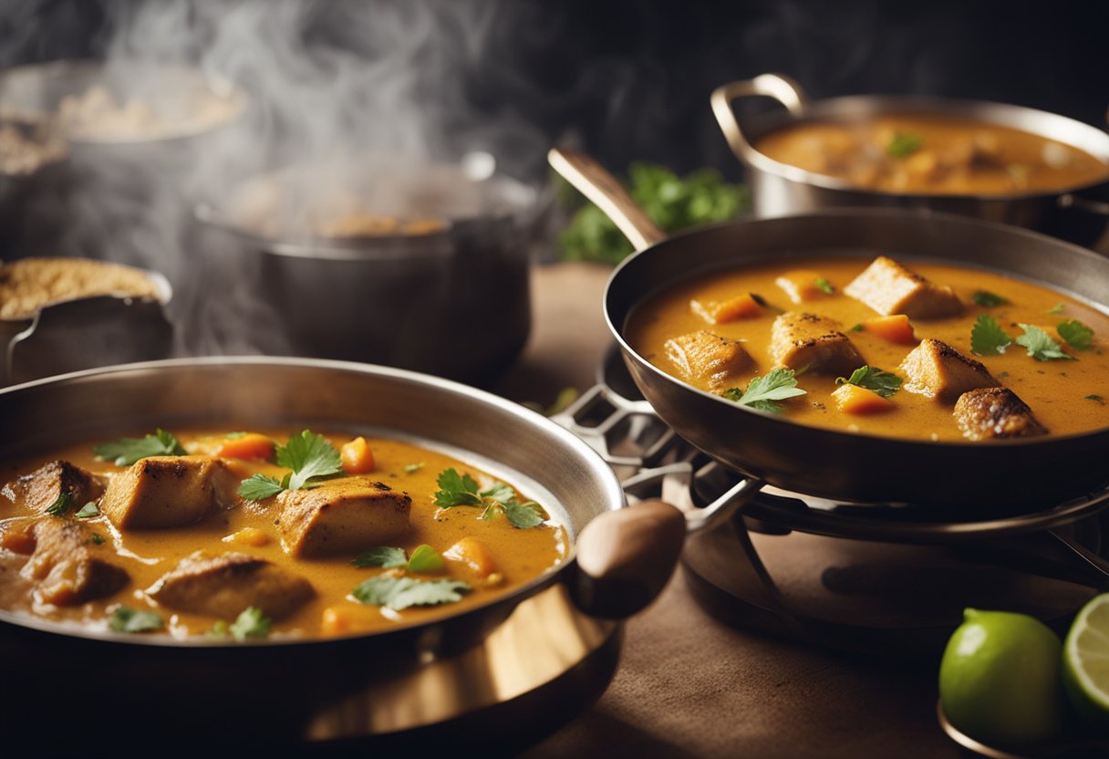 A pot simmering with aromatic spices and chunks of fish, as a chef stirs in coconut milk and tamarind paste, creating a rich South Indian fish curry