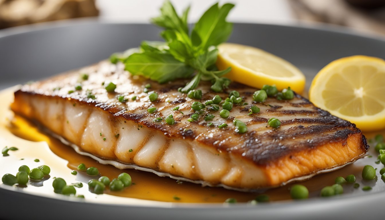 A fish fillet sizzling in a hot, oiled pan. Steam rises as it cooks, with a sprinkle of seasoning on top