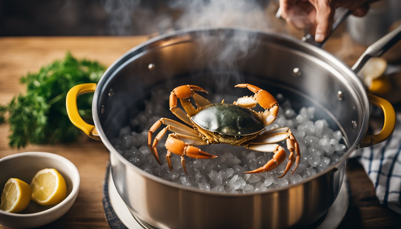 A pot of boiling water with a steamer basket, tongs, and a live crab ready to be cooked. Ingredients like salt, bay leaves, and lemon are nearby