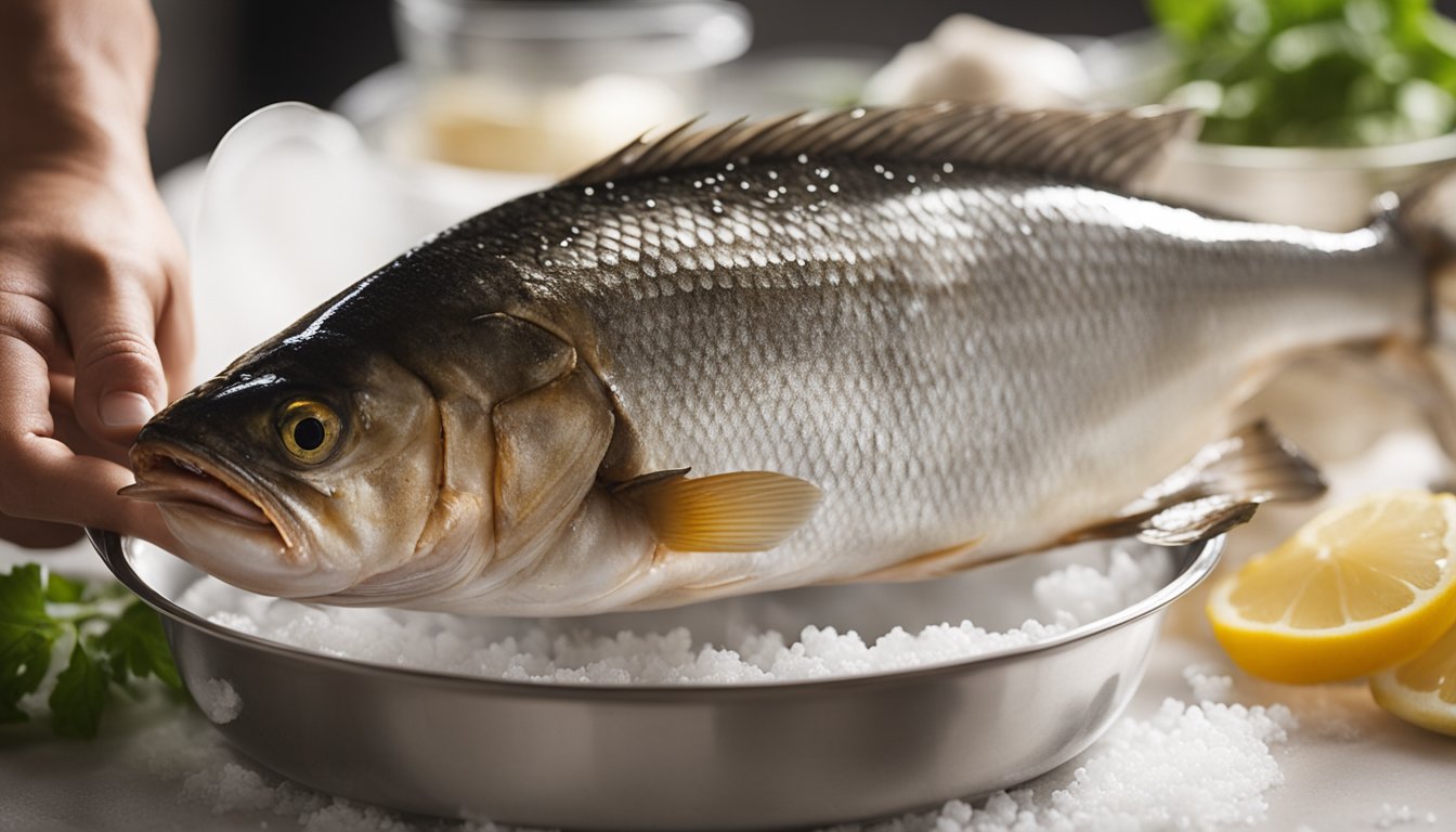 A whole fish being cleaned and scaled, then seasoned with salt and pepper before being placed in a hot, oiled pan