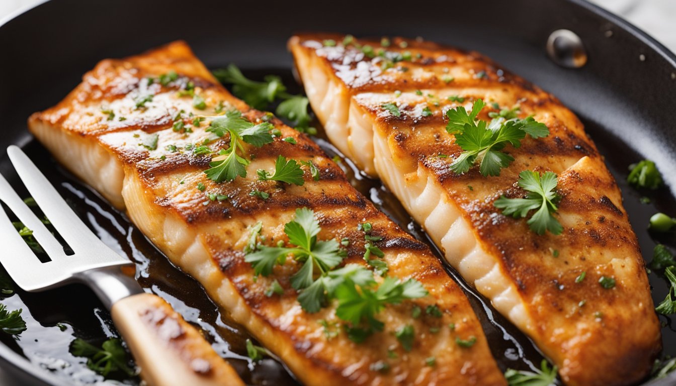 A fish fillet sizzles in a hot, oiled pan. The cook uses a spatula to carefully flip the fish, ensuring it cooks evenly on both sides. The fillet is golden brown and flaky, ready to be served