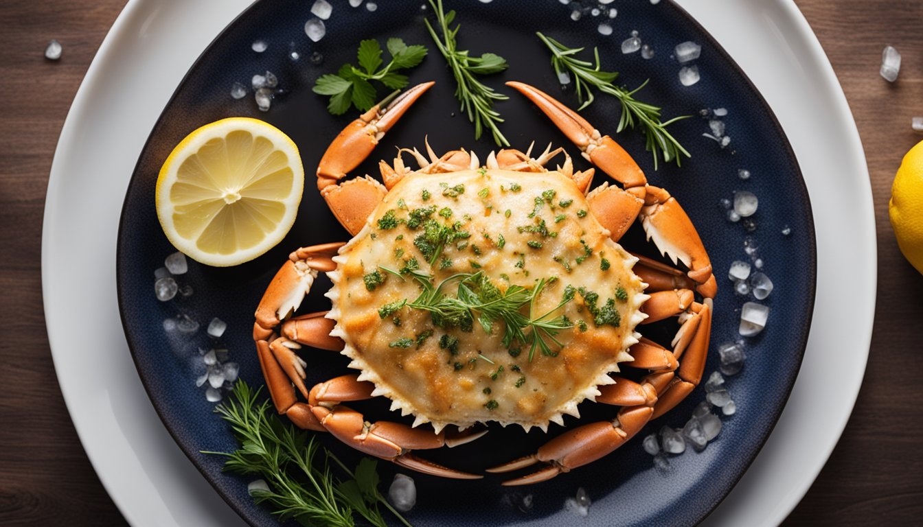 A steaming plate of cooked crab, surrounded by melted butter, lemon wedges, and a sprinkle of fresh herbs