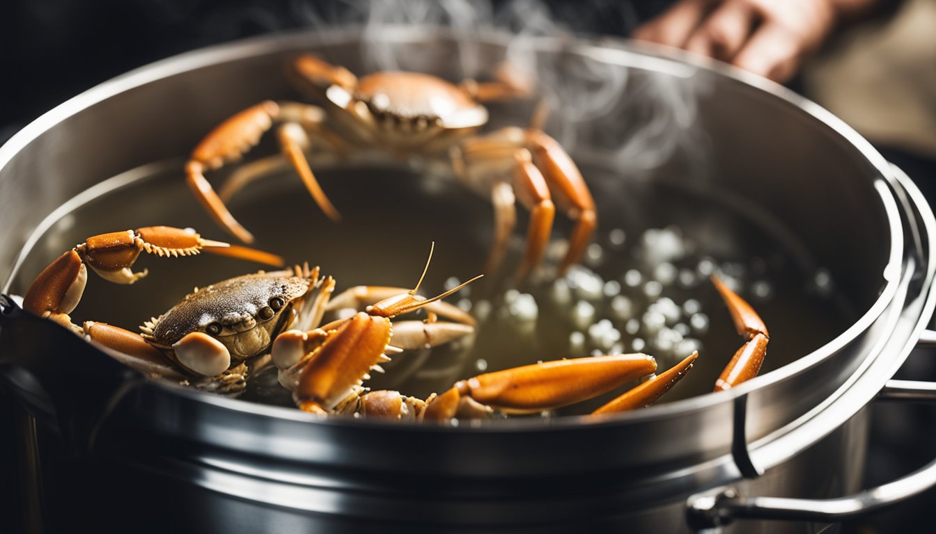 A crab being boiled in a large pot of water with steam rising. A pair of tongs nearby for handling