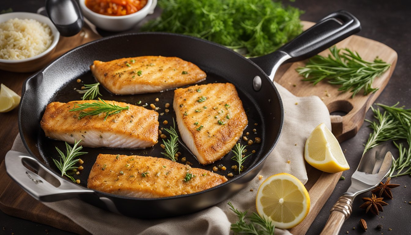 A fish fillet sizzling in a hot skillet, surrounded by aromatic herbs and spices, with a light golden crust forming on the surface