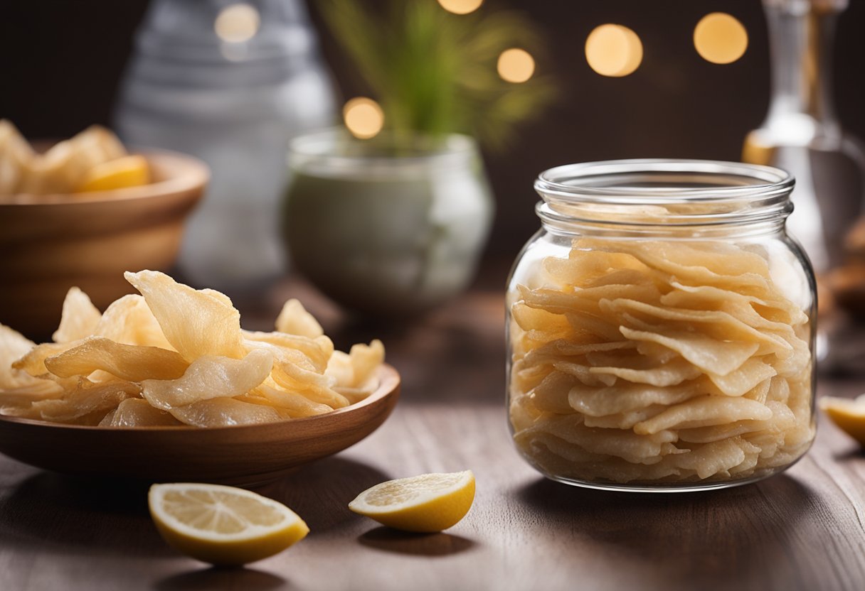 Soak dried fish maw in warm water. Gently clean and remove any impurities. Boil until soft. Cut into desired pieces. Ready for cooking