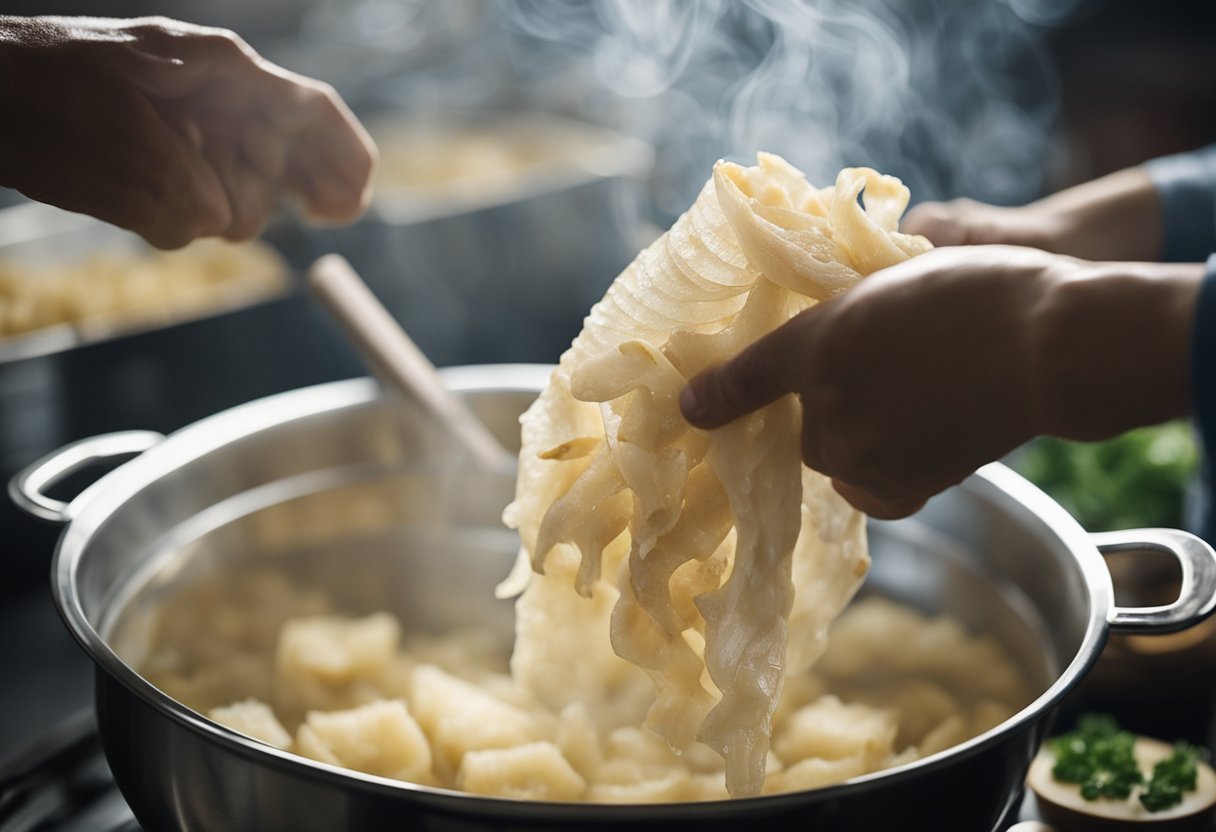 Soaking dried fish maw in water, then boiling it until soft. Cutting into desired shapes before cooking in a flavorful broth