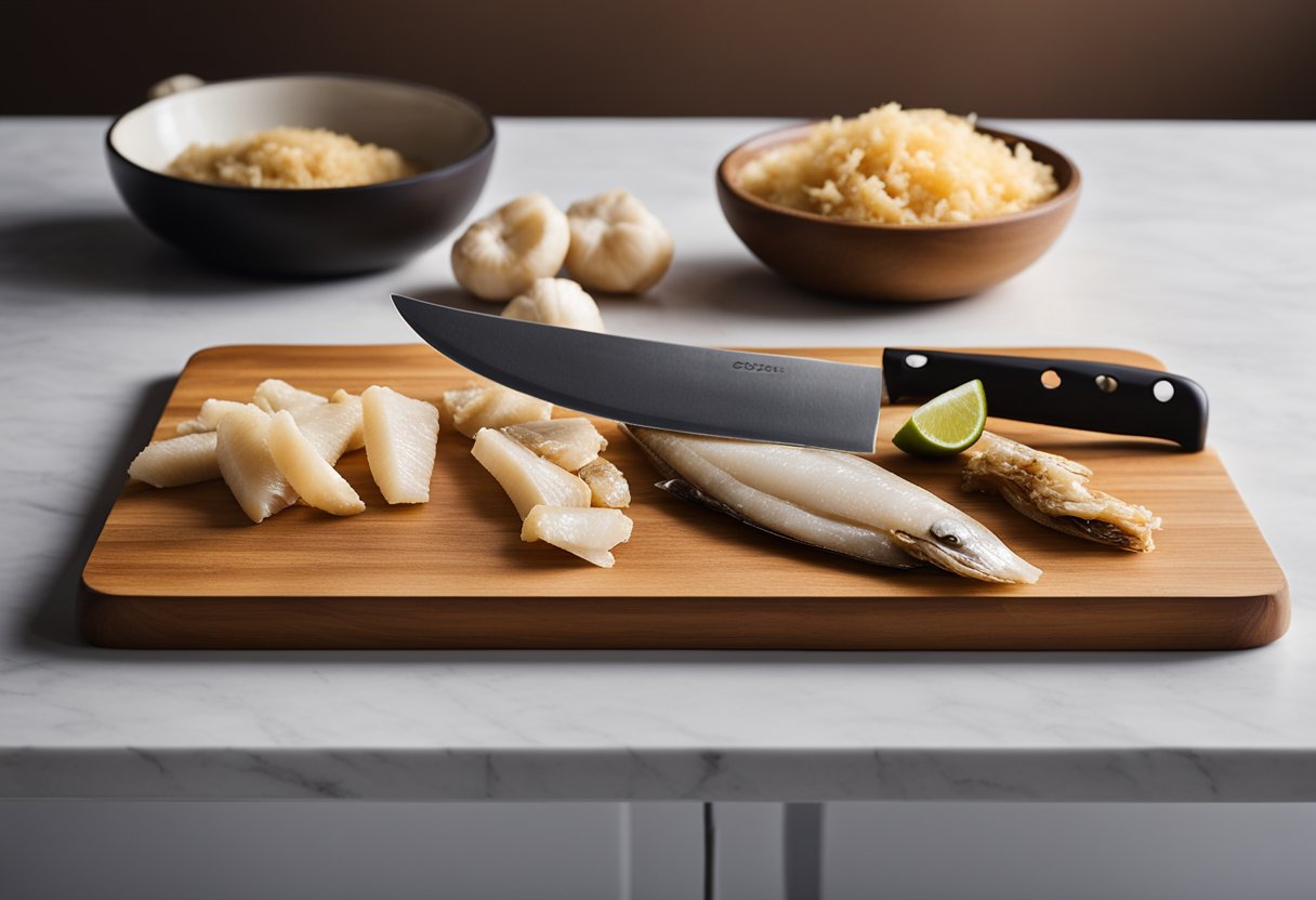 A kitchen counter with dried fish maw, a cutting board, knife, and various ingredients for preparing the dish