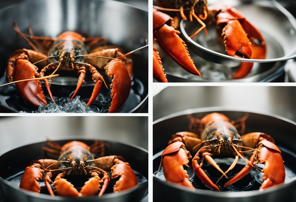 Lobster placed in boiling water, then removed and cracked open to reveal tender meat