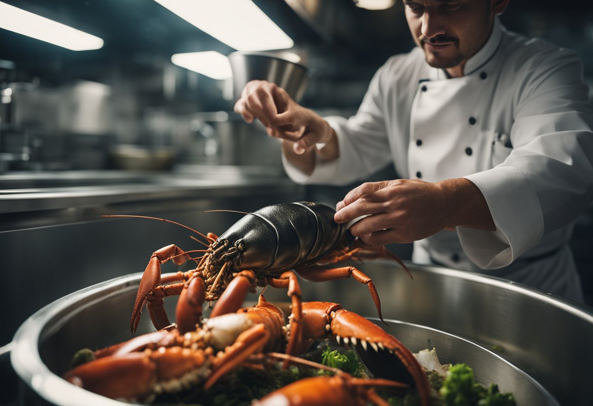 A chef selecting a live lobster from a tank, then placing it in a pot of boiling water