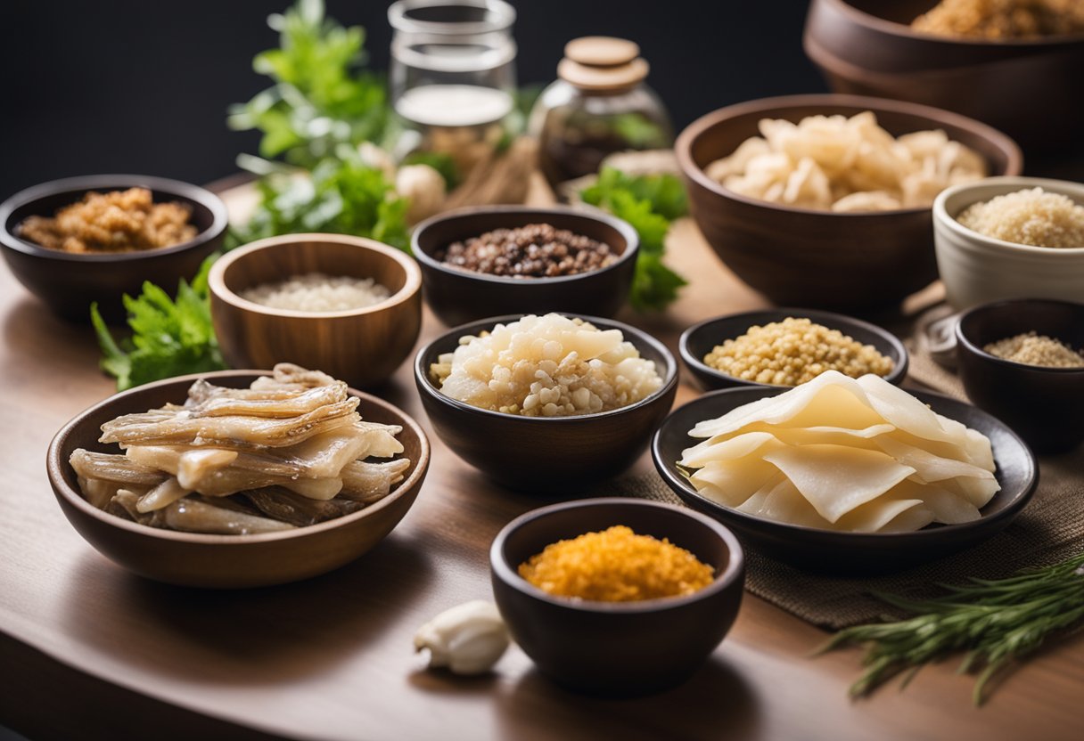 A table with various utensils and ingredients for preparing dried fish maw, including a pot, water, seasonings, and the dried fish maw itself