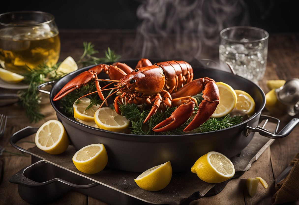 A lobster being boiled in a large pot of water, then being removed and served on a plate with lemon wedges and melted butter on the side