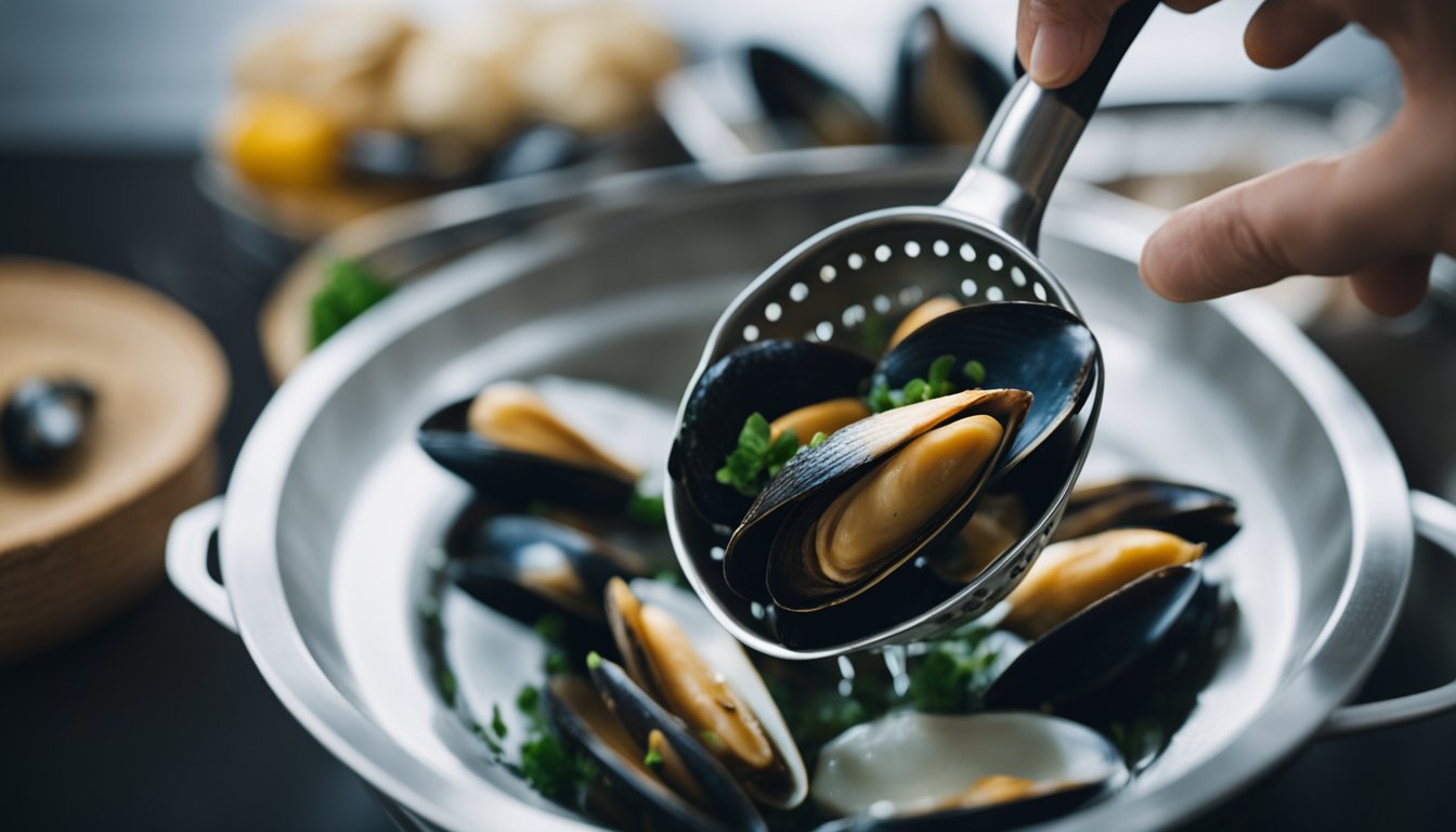 Mussels being cleaned and debearded, then placed in a colander under running water